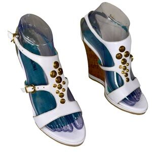 STUDIO POLLINI WHITE LEATHER WEDGE SANDALS